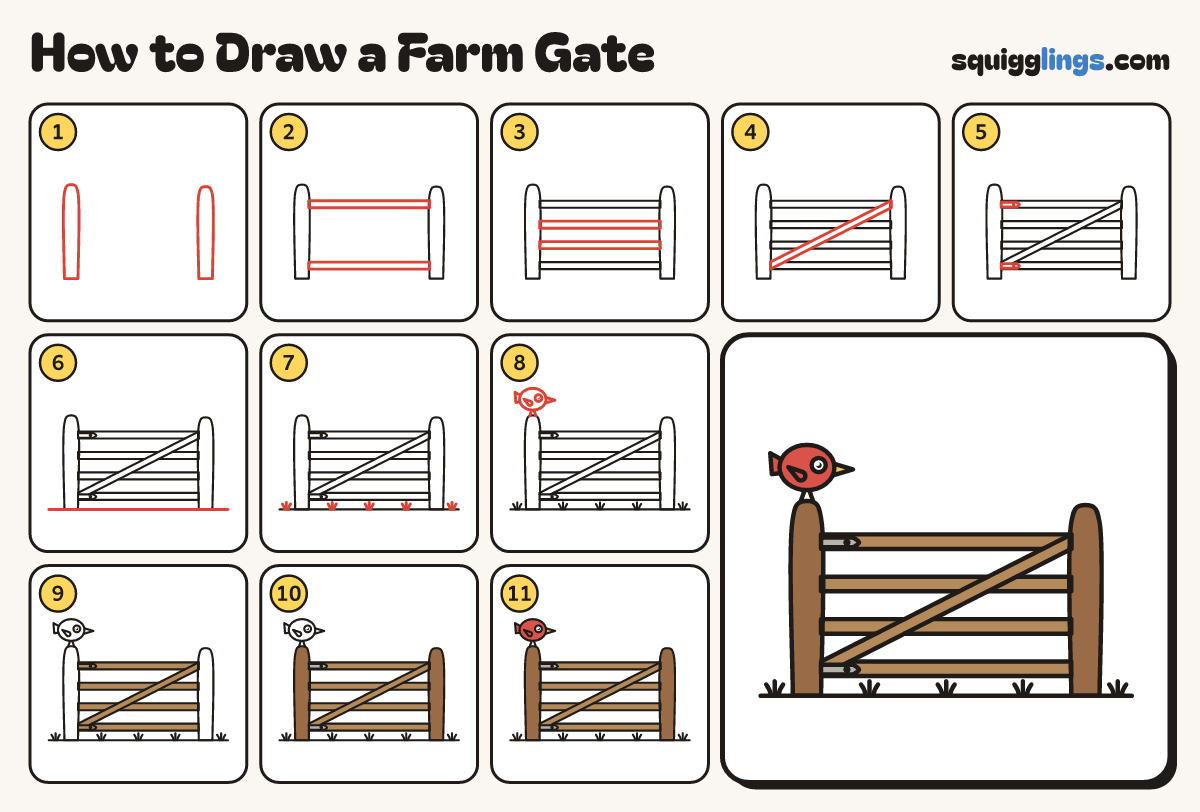 How to Draw a Farm Gate step by step: all 11 steps in one picture
