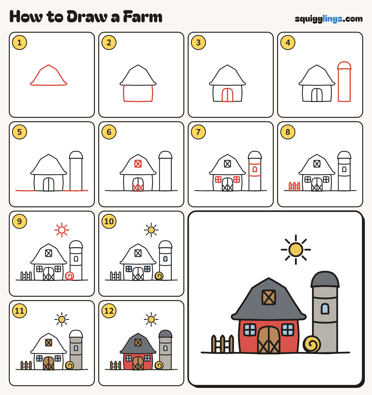 How to Draw a Farm step by step: all 12 steps in one picture