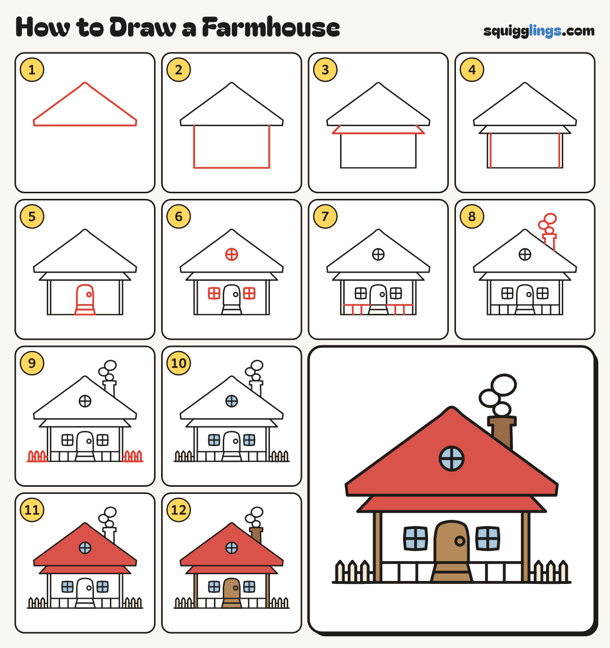 How to Draw a Farmhouse step by step: all 12 steps in one picture