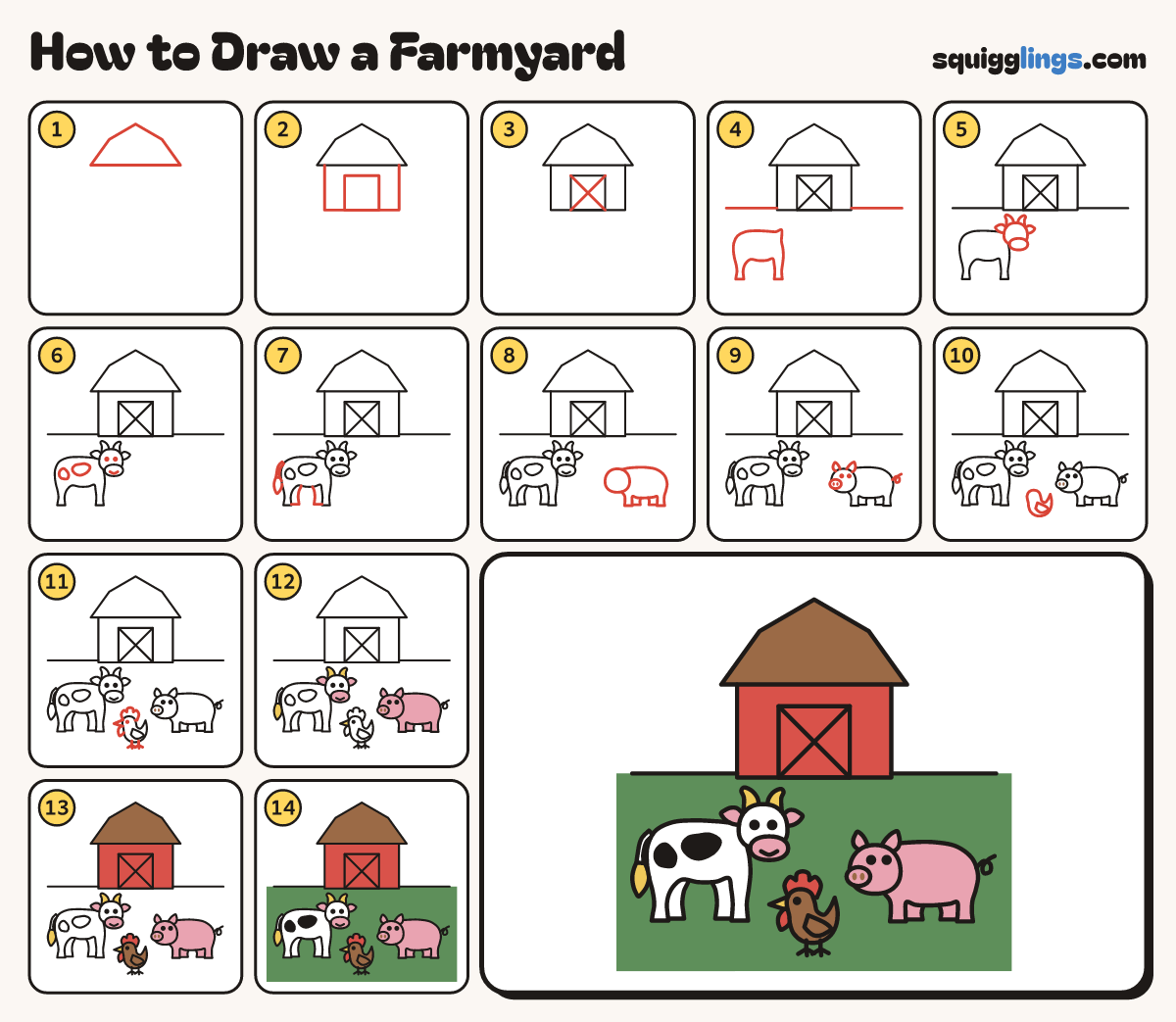 How to Draw a Farmyard step by step: all 14 steps in one picture