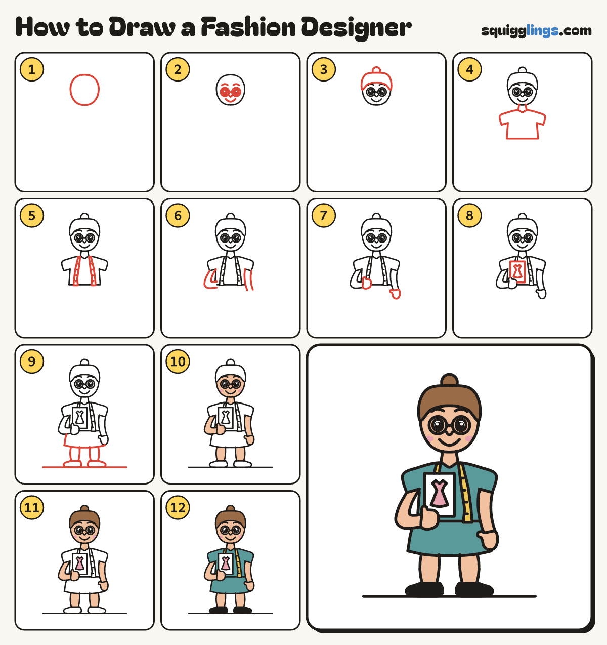 How to Draw a Fashion Designer step by step: all 12 steps in one picture