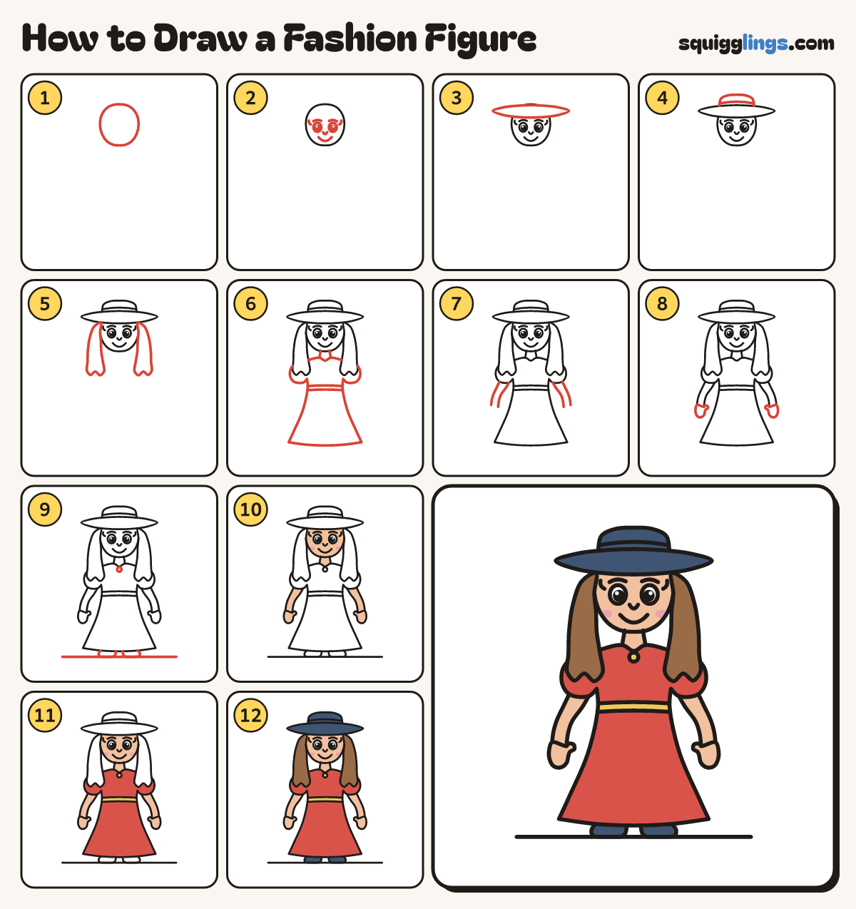 How to Draw a Fashion Figure step by step: all 12 steps in one picture
