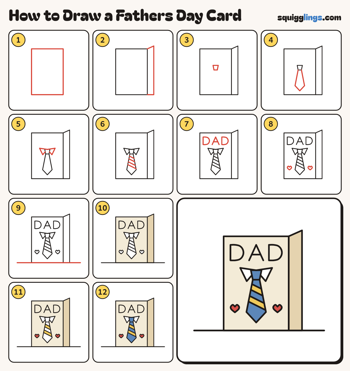 How to Draw a Fathers Day Card step by step: all 12 steps in one picture