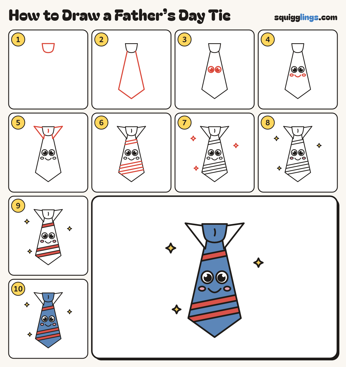 How to Draw a Father’s Day Tie step by step: all 10 steps in one picture