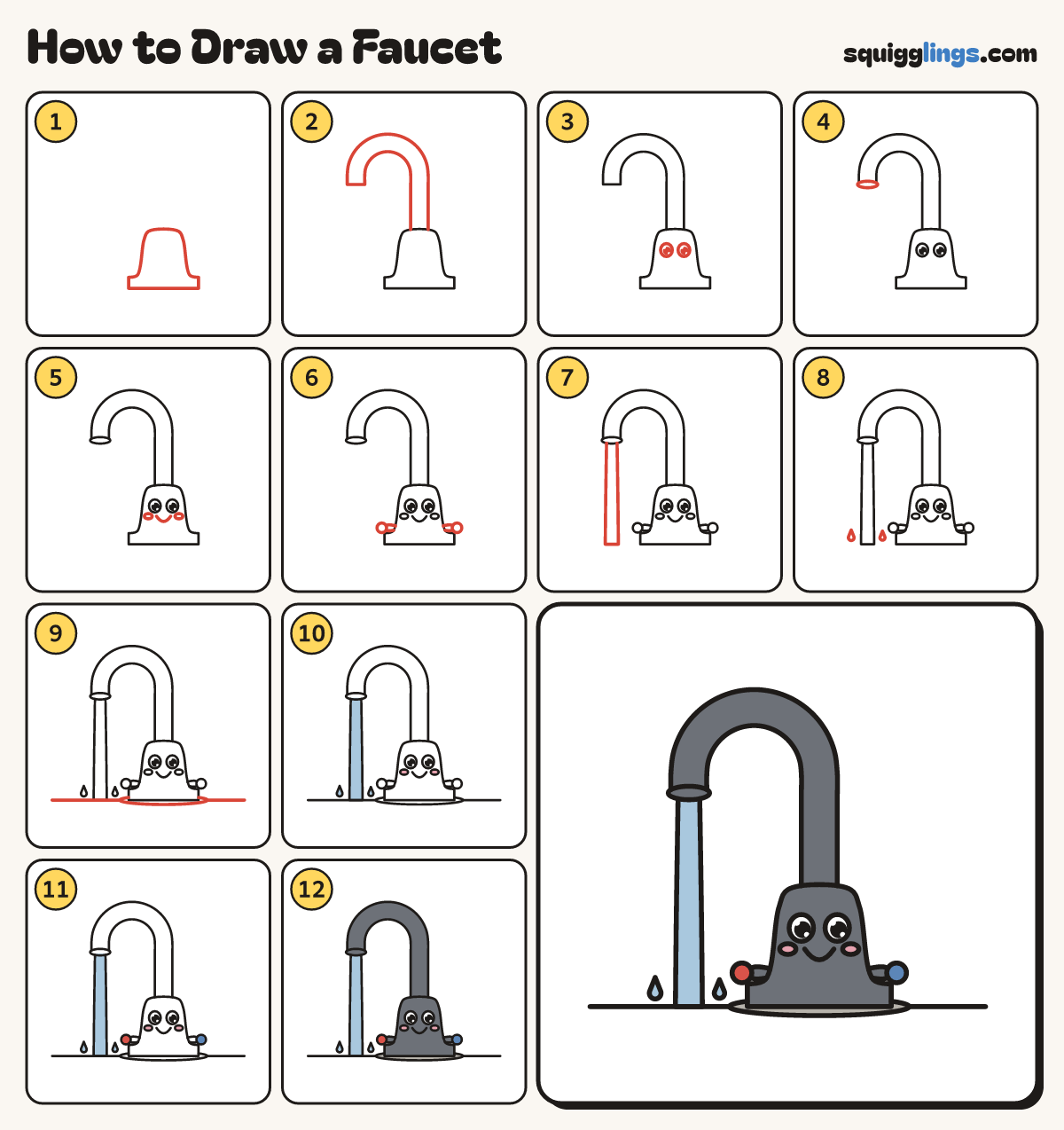 How to Draw a Faucet step by step: all 12 steps in one picture