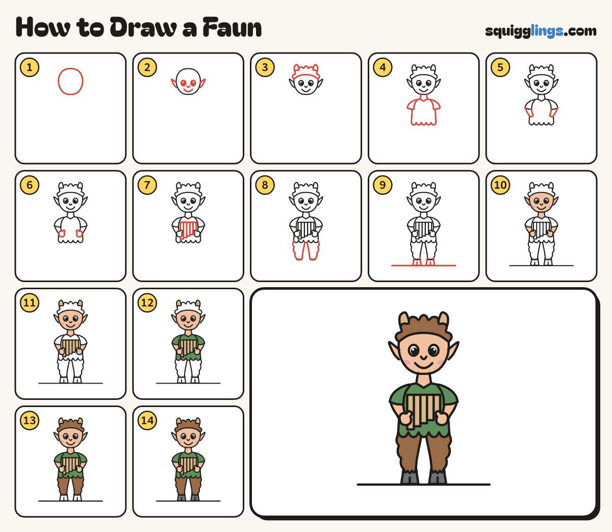 How to Draw a Faun step by step: all 14 steps in one picture
