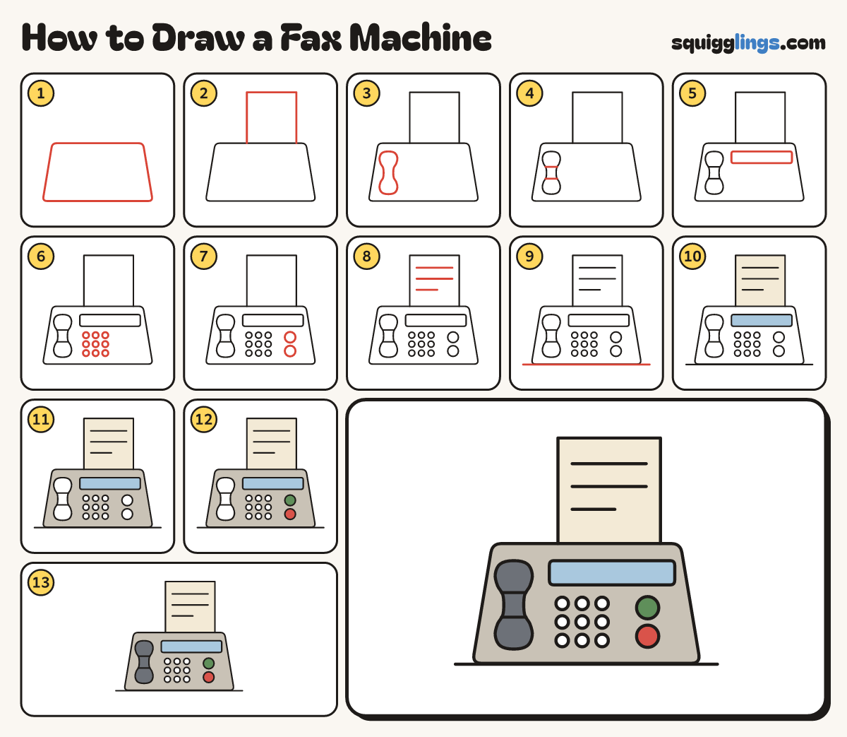 How to Draw a Fax Machine step by step: all 13 steps in one picture