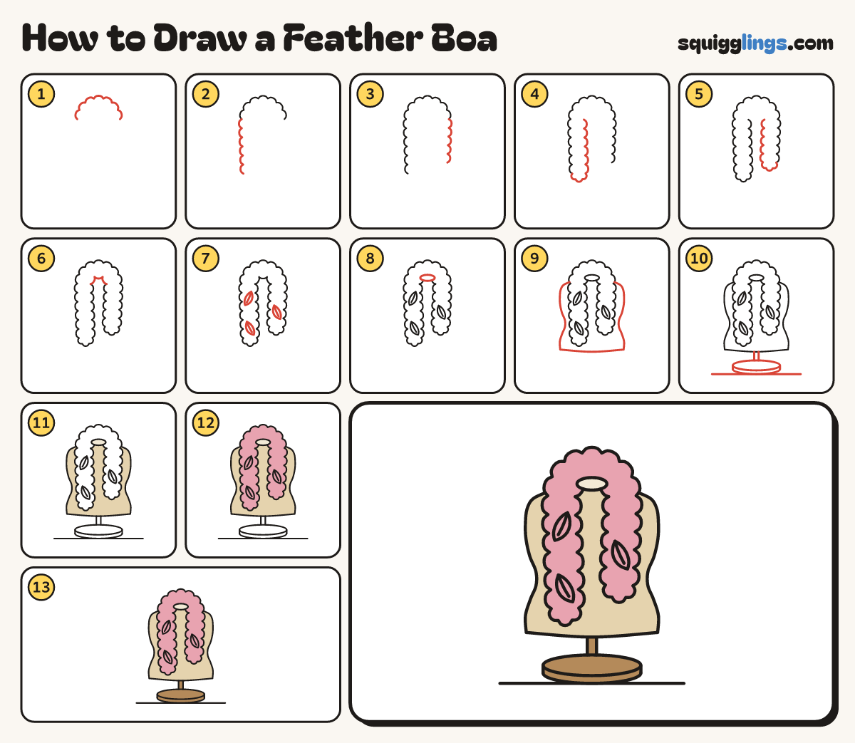 How to Draw a Feather Boa step by step: all 13 steps in one picture