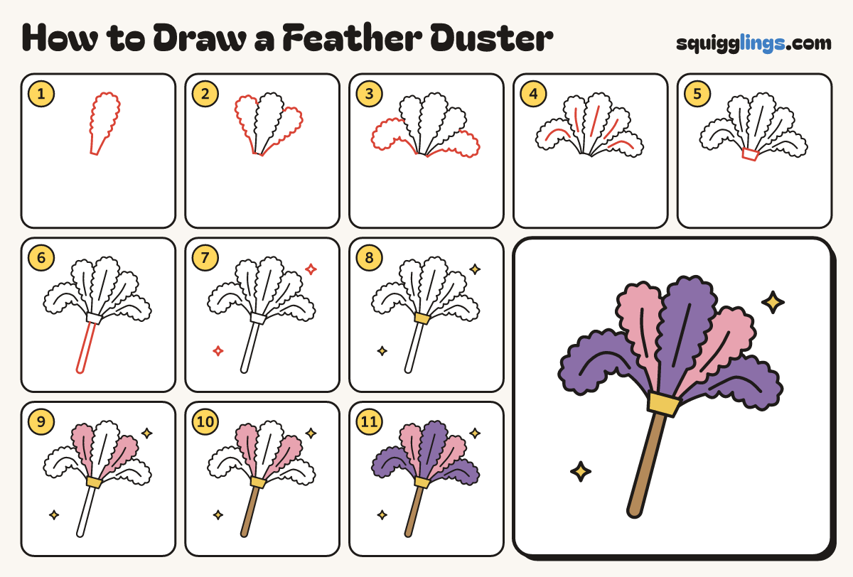 How to Draw a Feather Duster step by step: all 11 steps in one picture