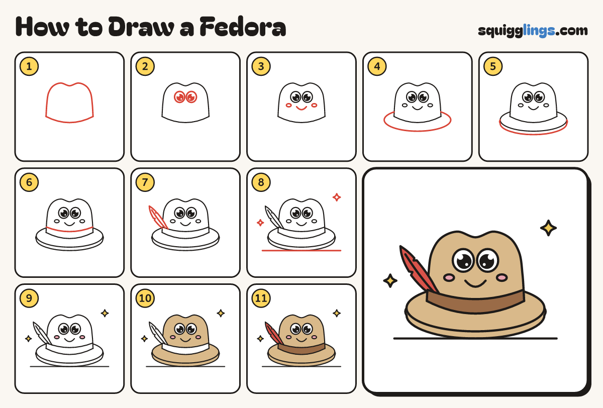 How to Draw a Fedora step by step: all 11 steps in one picture