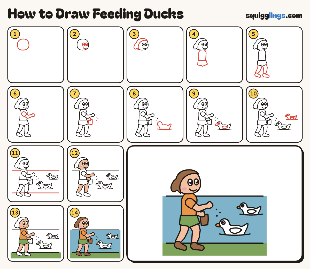 How to Draw Feeding Ducks step by step: all 14 steps in one picture