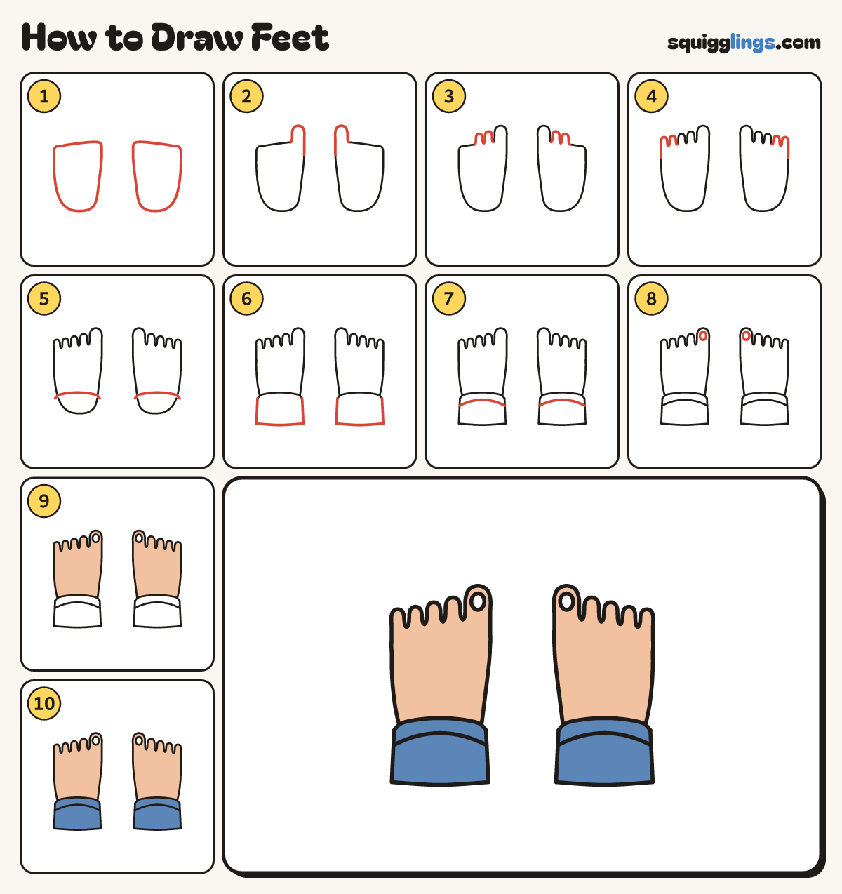 How to Draw Feet step by step: all 10 steps in one picture