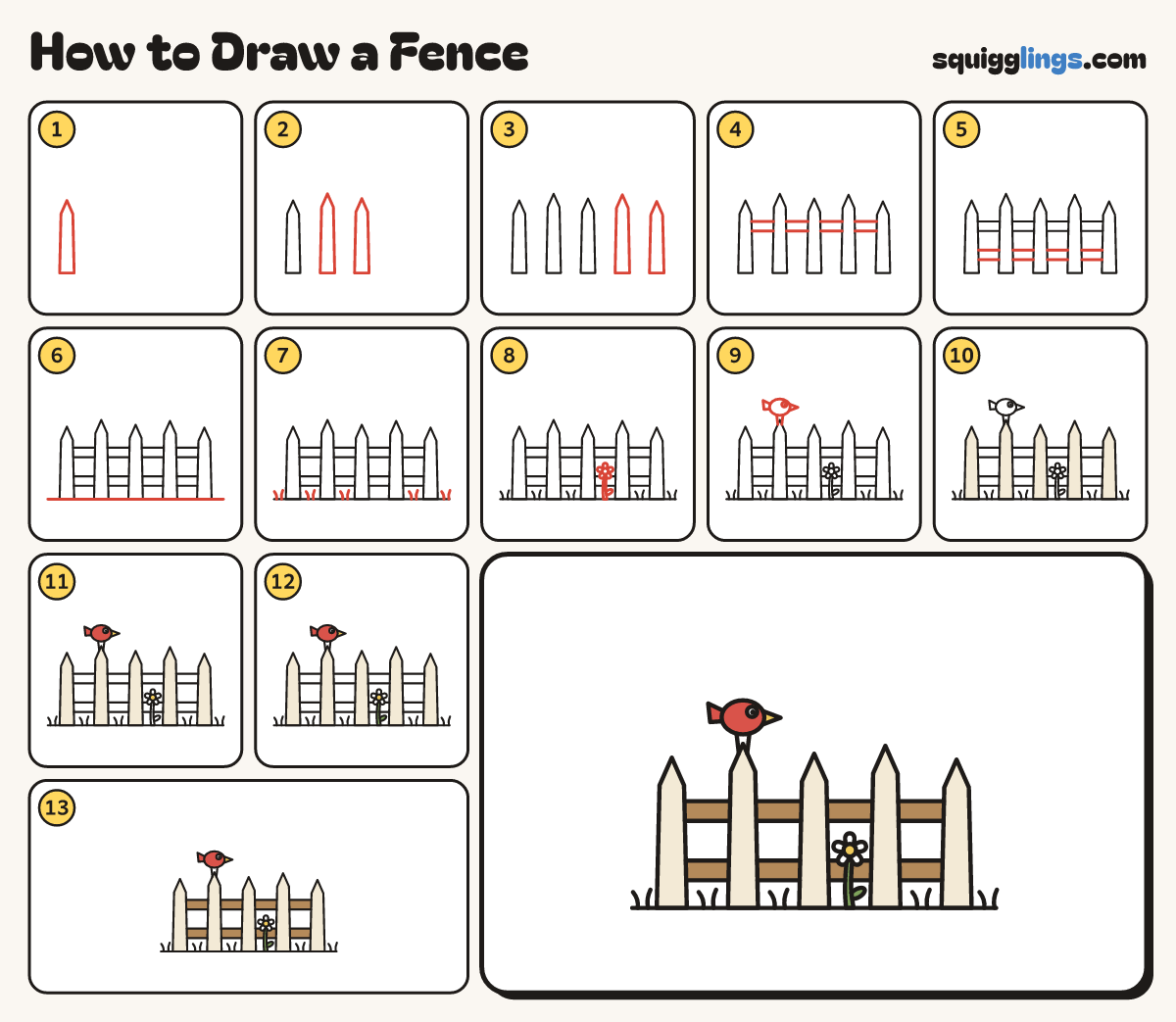 How to Draw a Fence step by step: all 13 steps in one picture