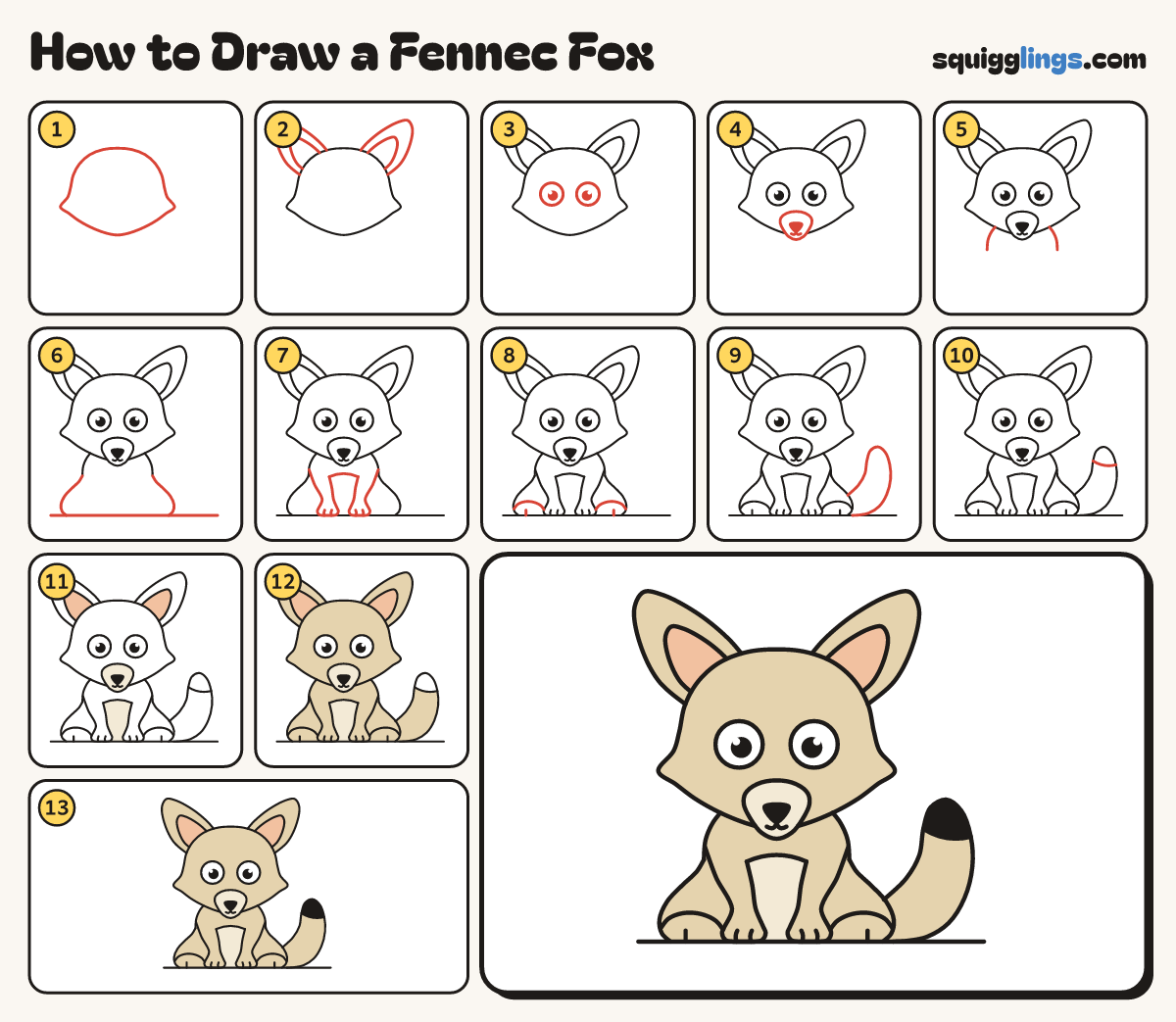 How to Draw a Fennec Fox step by step: all 13 steps in one picture