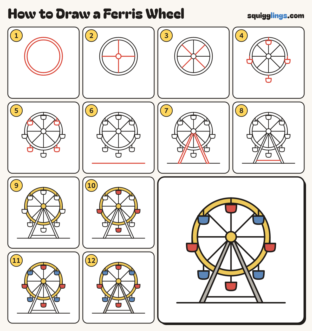 How to Draw a Ferris Wheel step by step: all 12 steps in one picture