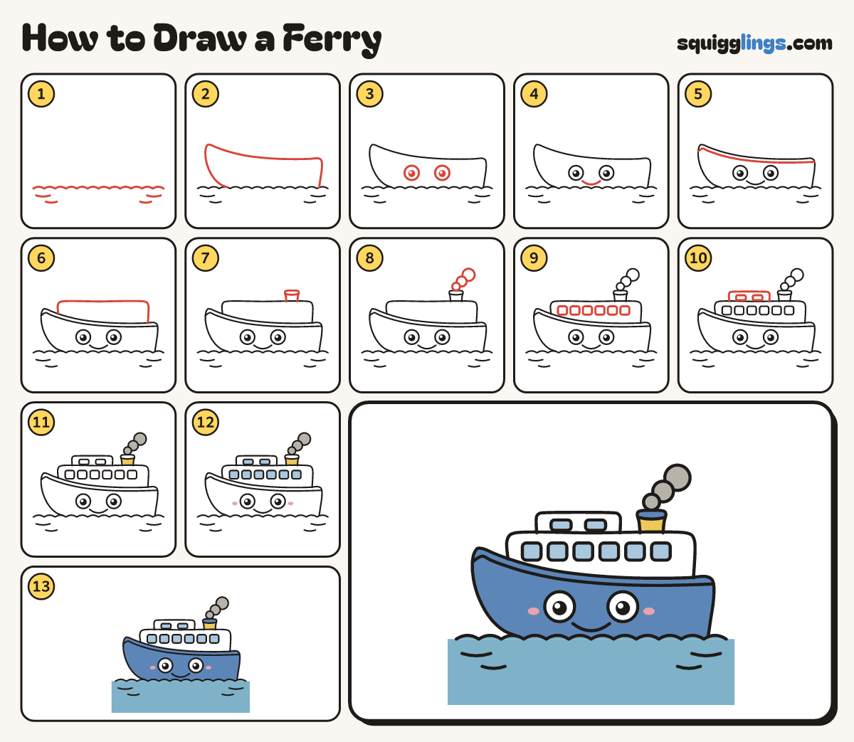 How to Draw a Ferry step by step: all 13 steps in one picture