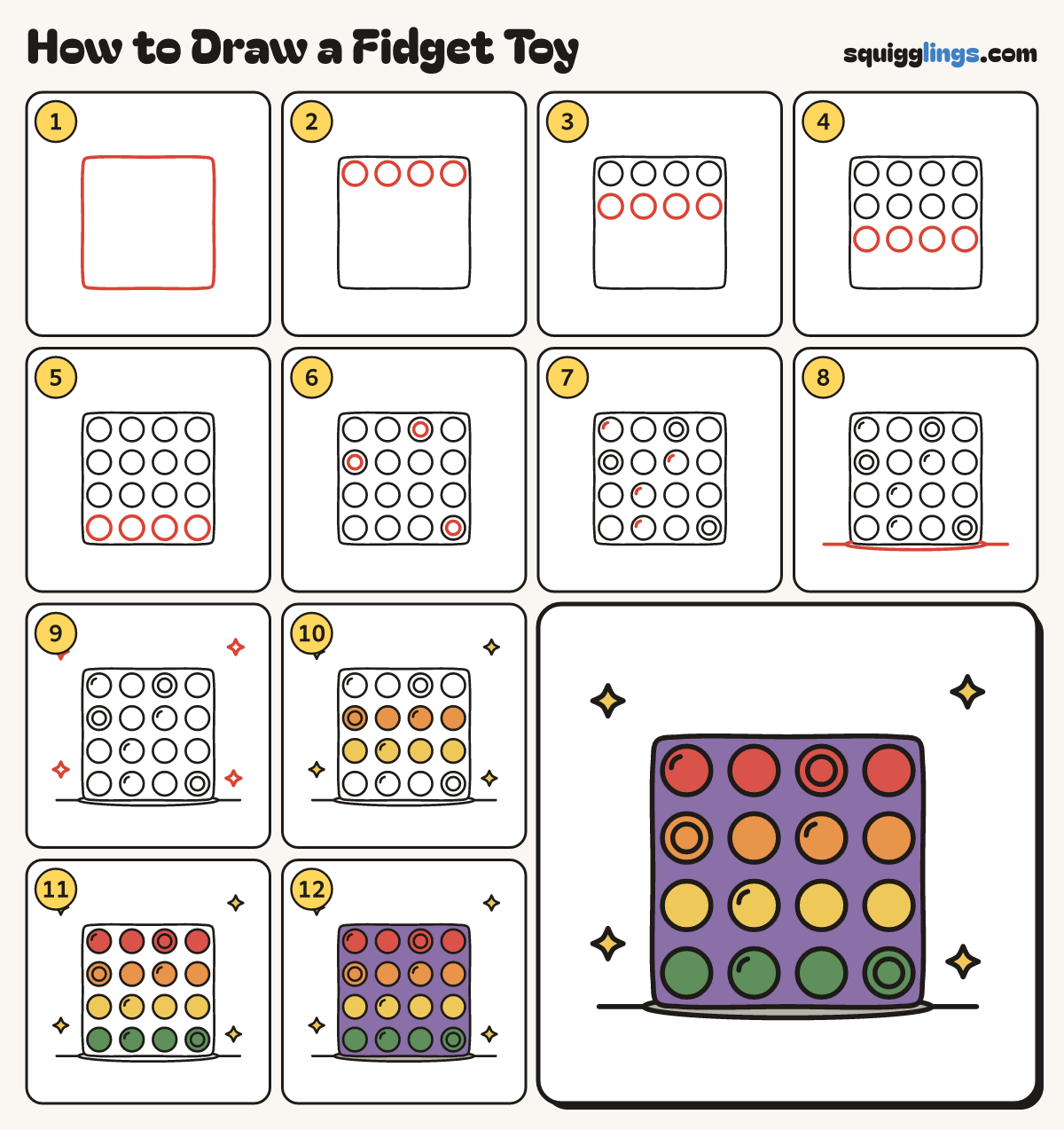 How to Draw a Fidget Toy step by step: all 12 steps in one picture