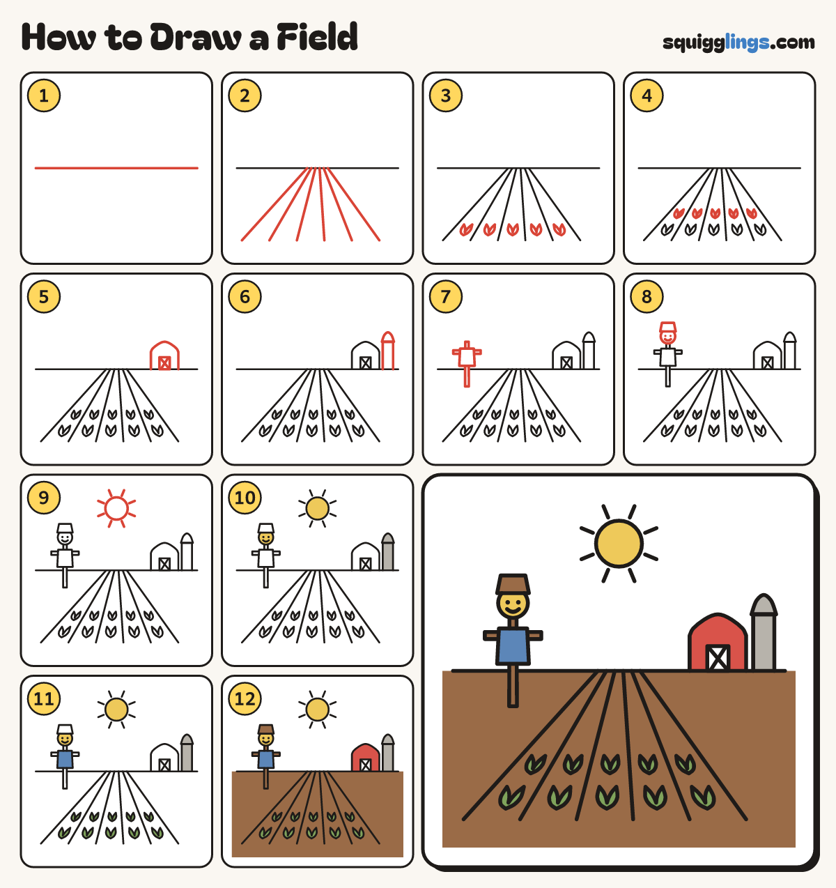 How to Draw a Field step by step: all 12 steps in one picture