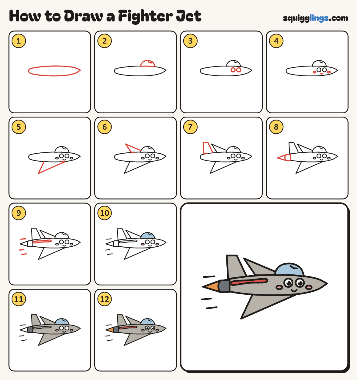 How to Draw a Fighter Jet step by step: all 12 steps in one picture
