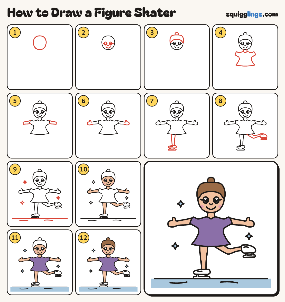 How to Draw a Figure Skater step by step: all 12 steps in one picture