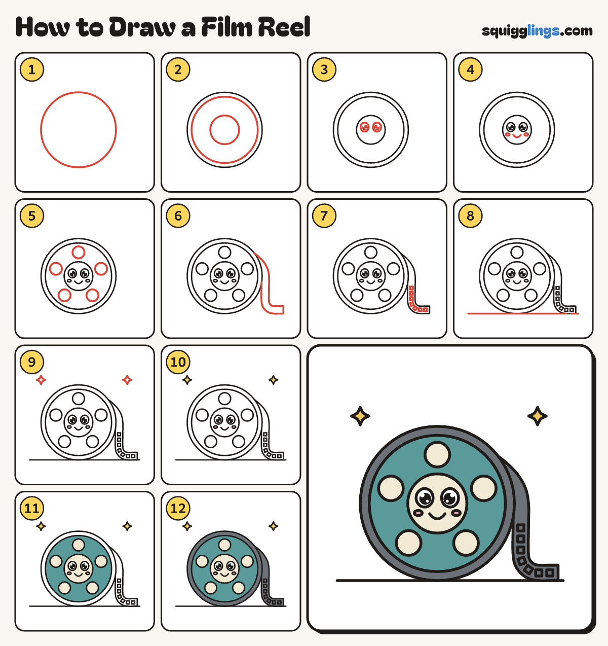 How to Draw a Film Reel step by step: all 12 steps in one picture