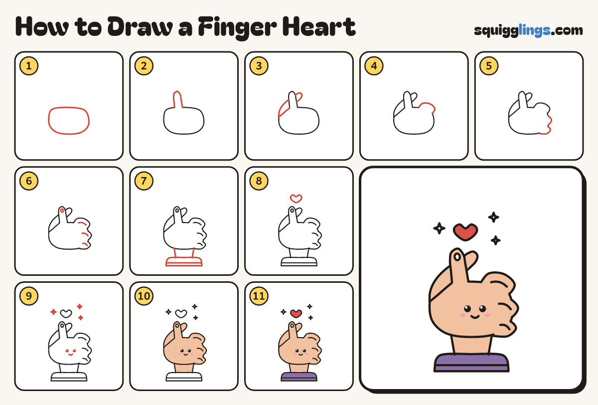 How to Draw a Finger Heart step by step: all 11 steps in one picture