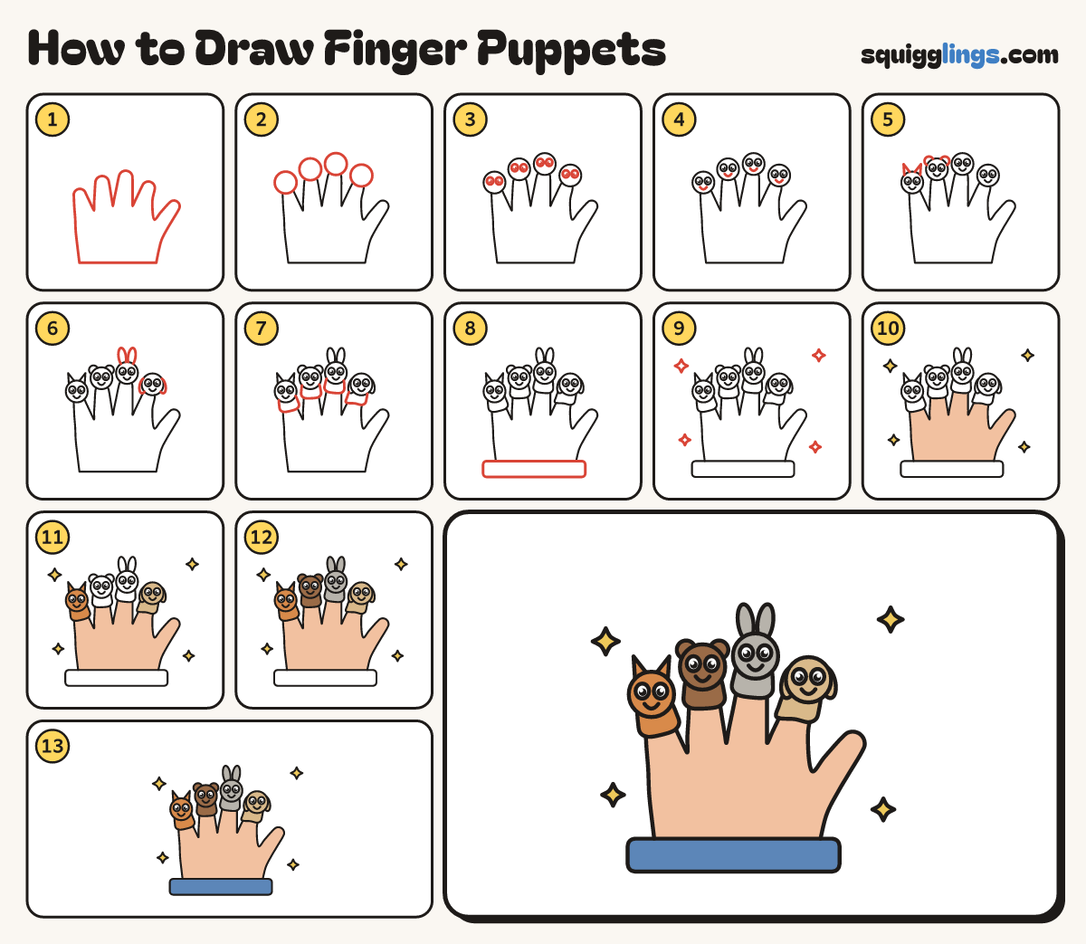 How to Draw Finger Puppets step by step: all 13 steps in one picture