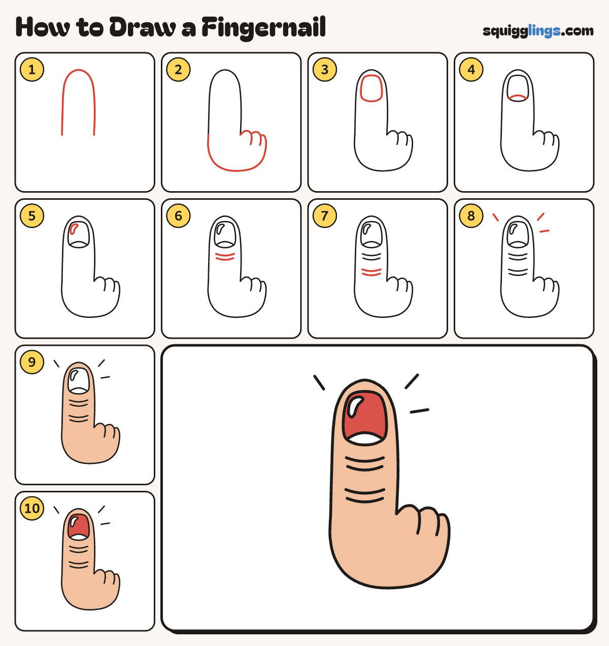 How to Draw a Fingernail step by step: all 10 steps in one picture