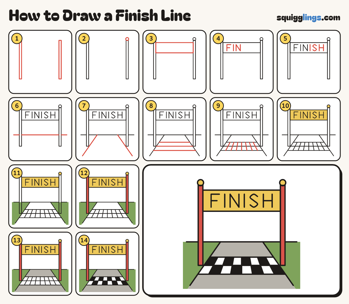 How to Draw a Finish Line step by step: all 14 steps in one picture