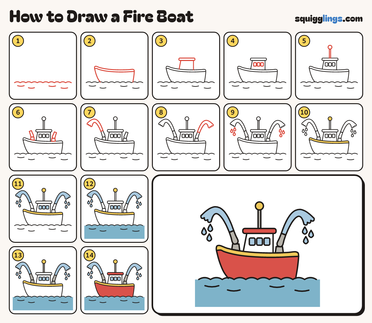 How to Draw a Fire Boat step by step: all 14 steps in one picture