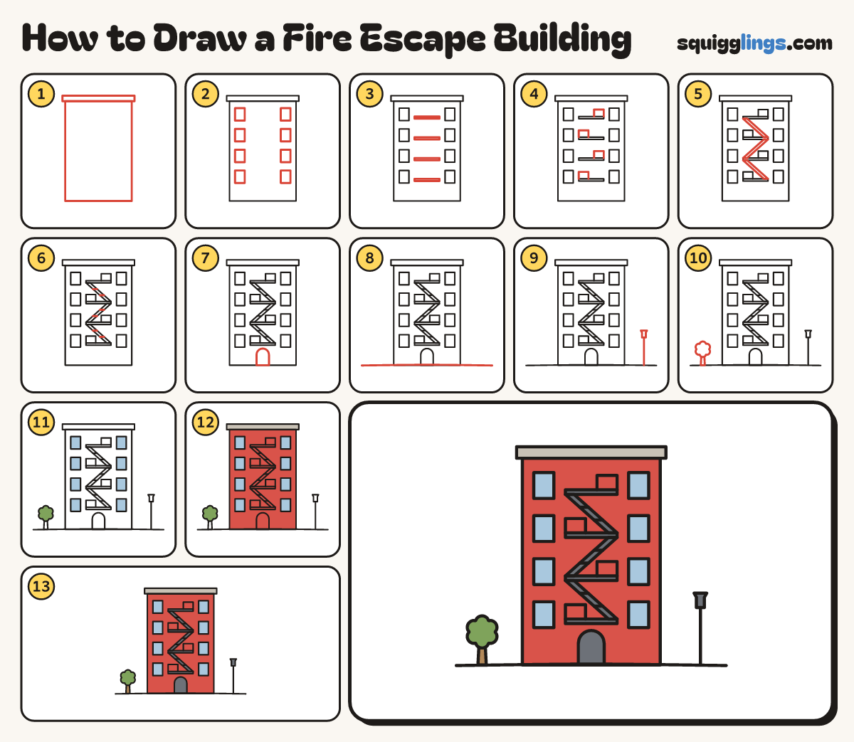 How to Draw a Fire Escape Building step by step: all 13 steps in one picture