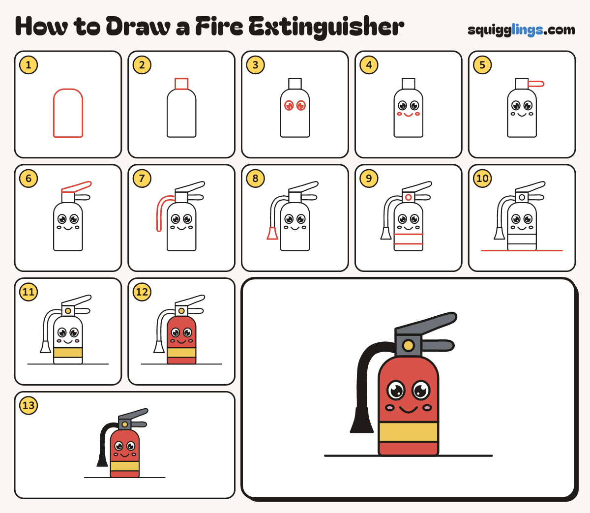 How to Draw a Fire Extinguisher step by step: all 13 steps in one picture
