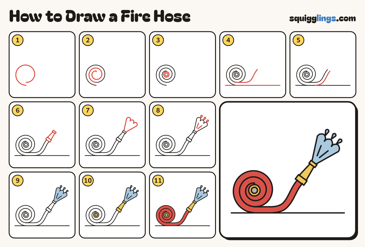 How to Draw a Fire Hose step by step: all 11 steps in one picture