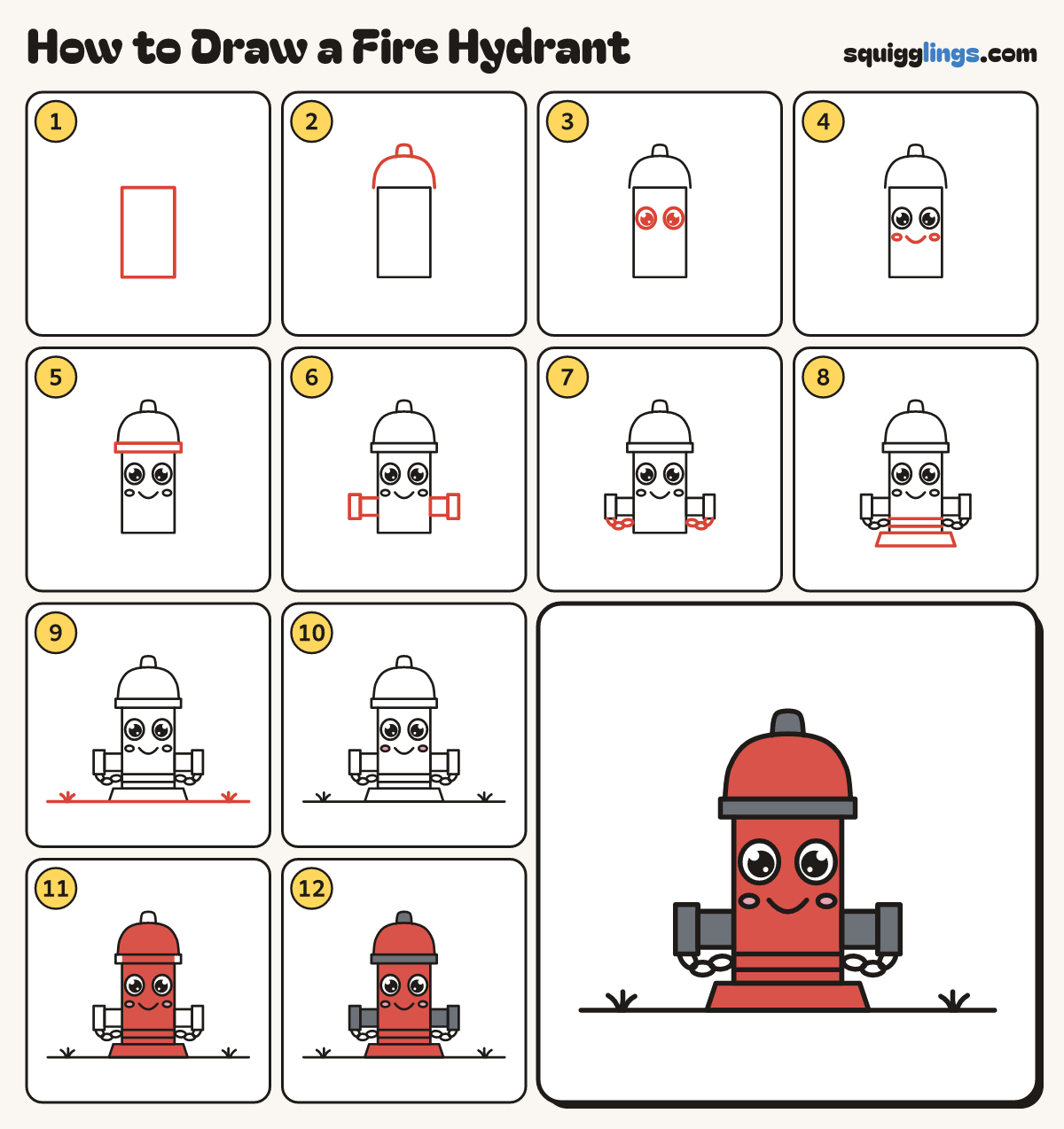 How to Draw a Fire Hydrant step by step: all 12 steps in one picture