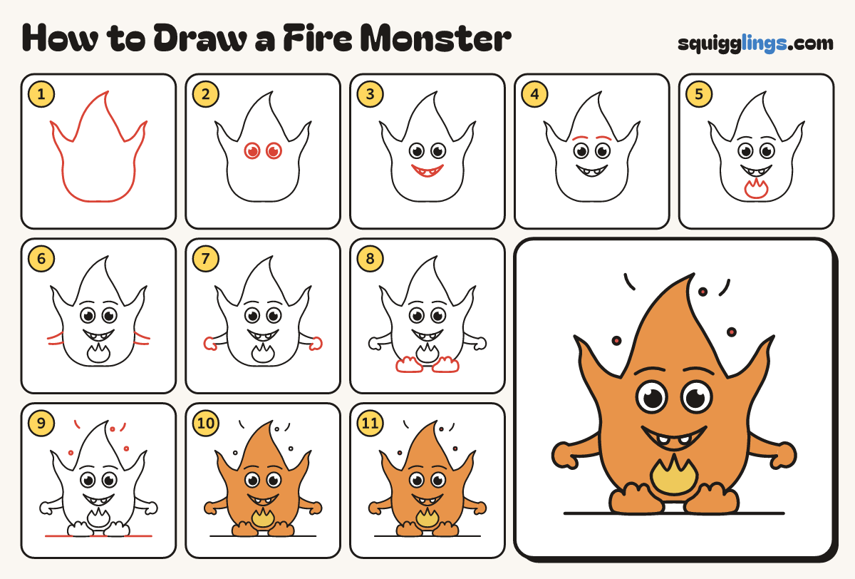 How to Draw a Fire Monster step by step: all 11 steps in one picture