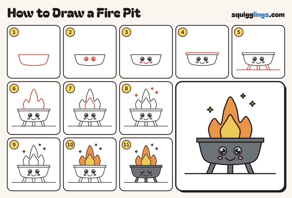 How to Draw a Fire Pit step by step: all 11 steps in one picture