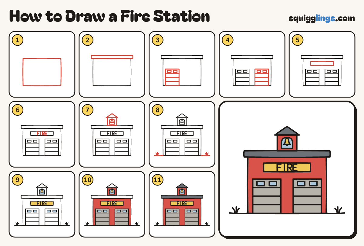 How to Draw a Fire Station step by step: all 11 steps in one picture