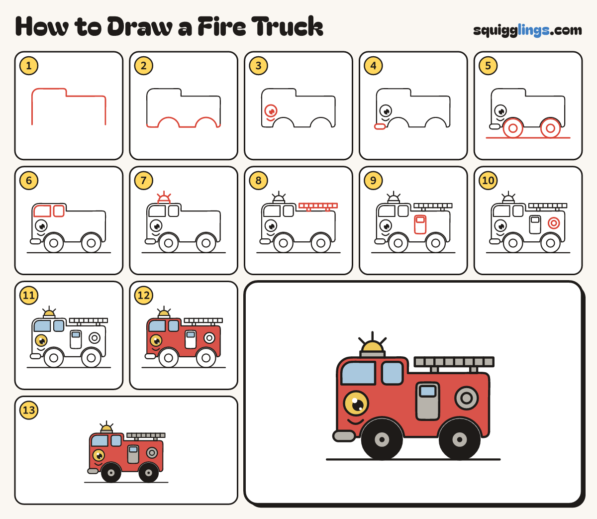 How to Draw a Fire Truck step by step: all 13 steps in one picture