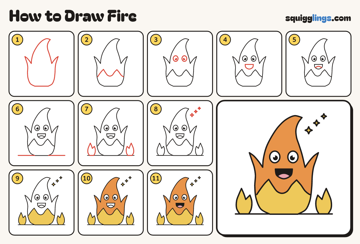 How to Draw Fire step by step: all 11 steps in one picture