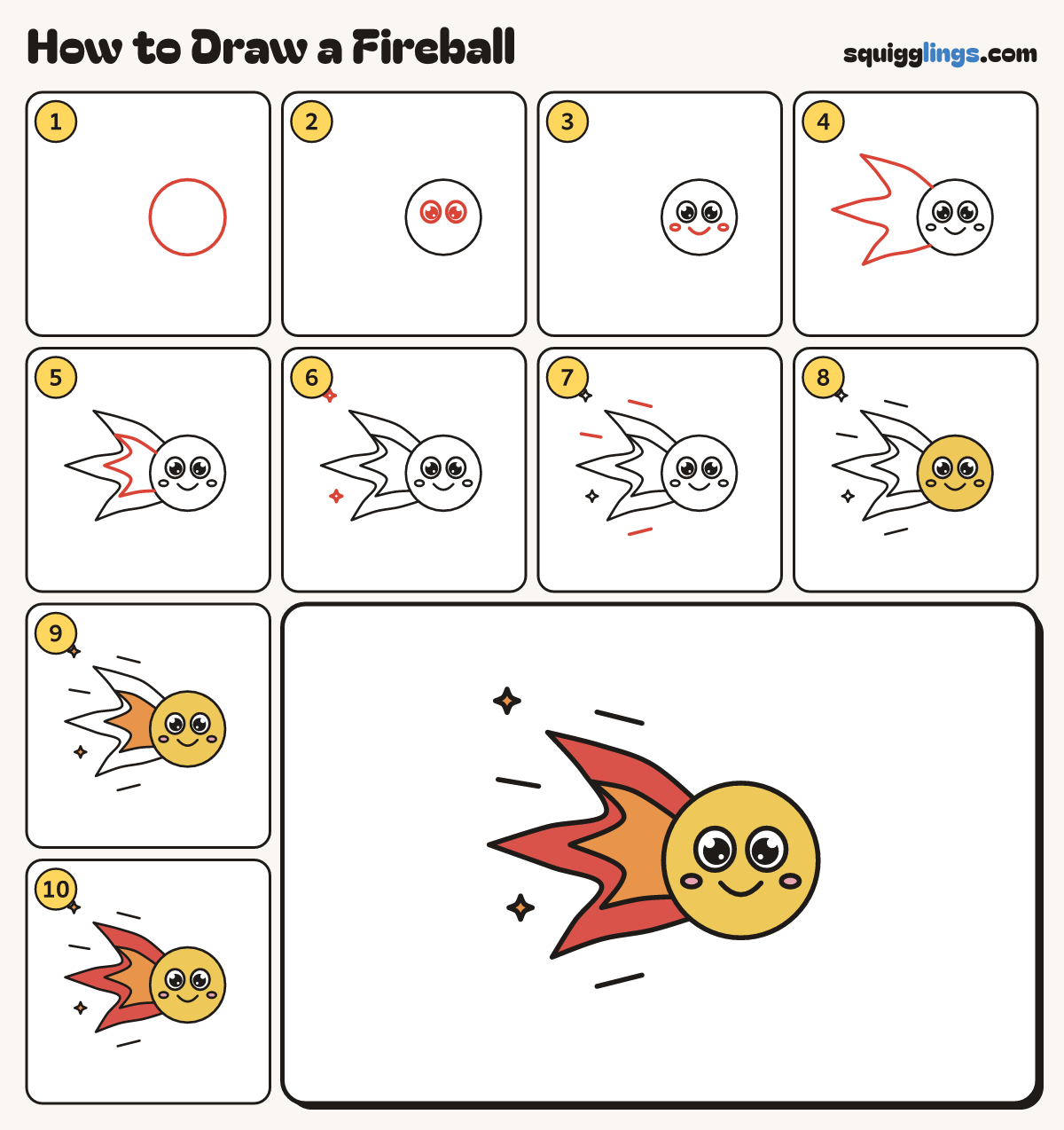 How to Draw a Fireball step by step: all 10 steps in one picture