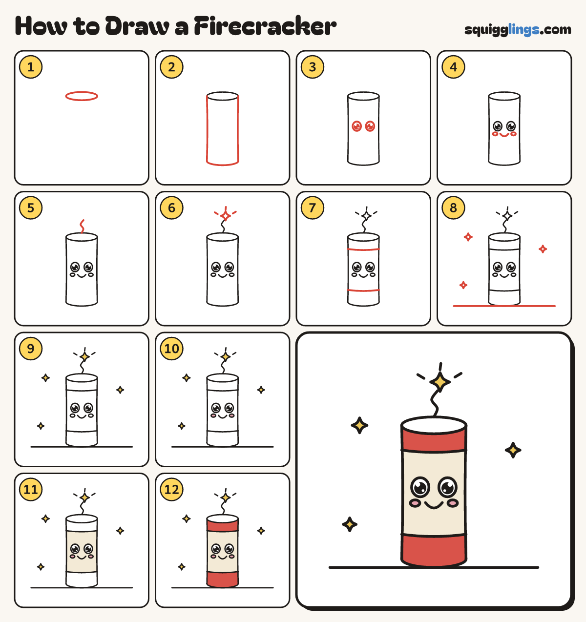 How to Draw a Firecracker step by step: all 12 steps in one picture