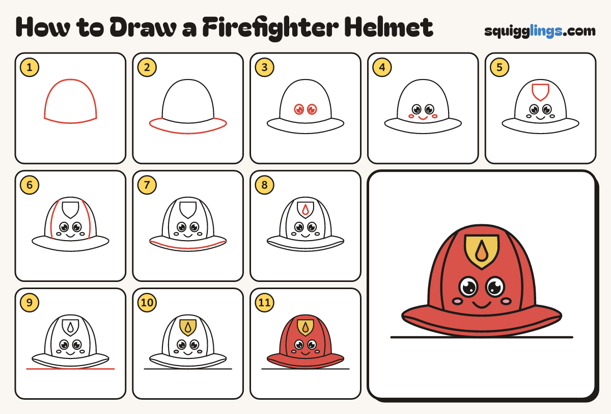 How to Draw a Firefighter Helmet step by step: all 11 steps in one picture