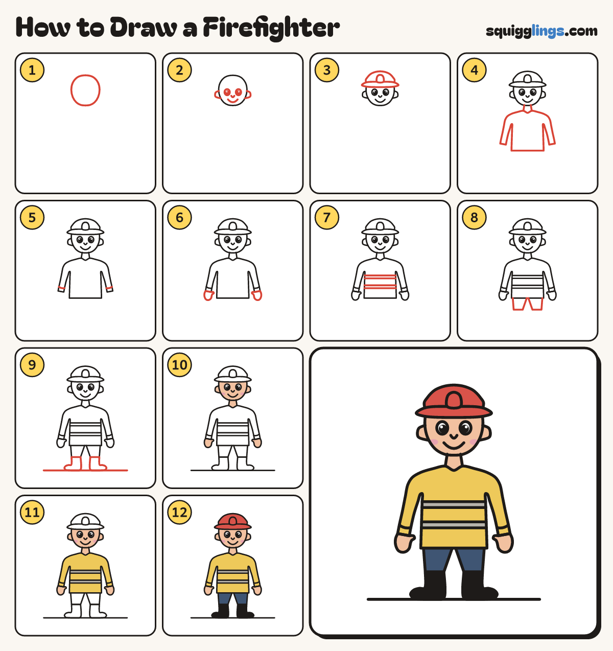 How to Draw a Firefighter step by step: all 12 steps in one picture