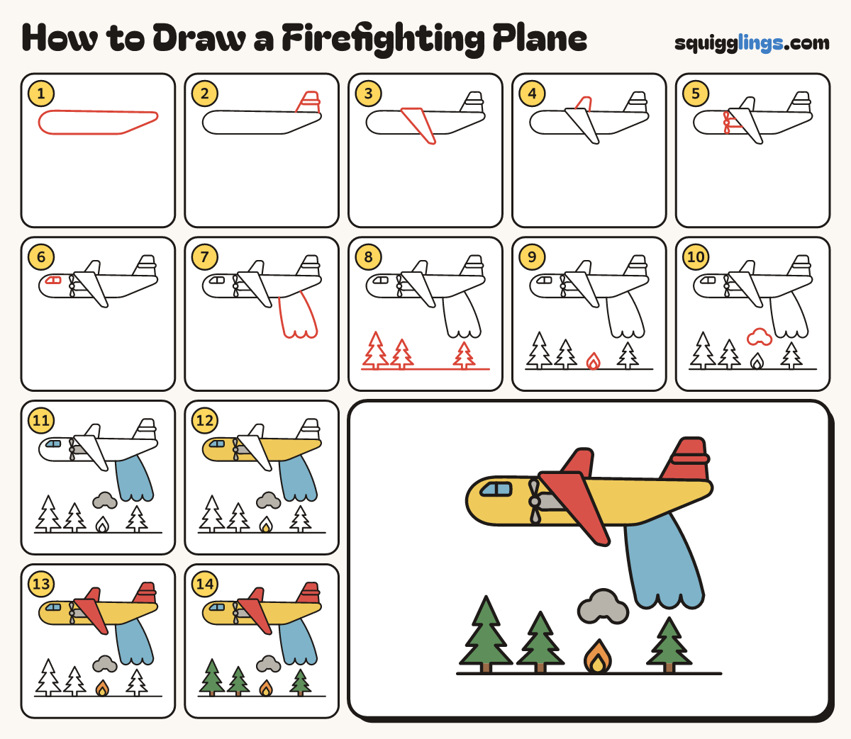 How to Draw a Firefighting Plane step by step: all 14 steps in one picture