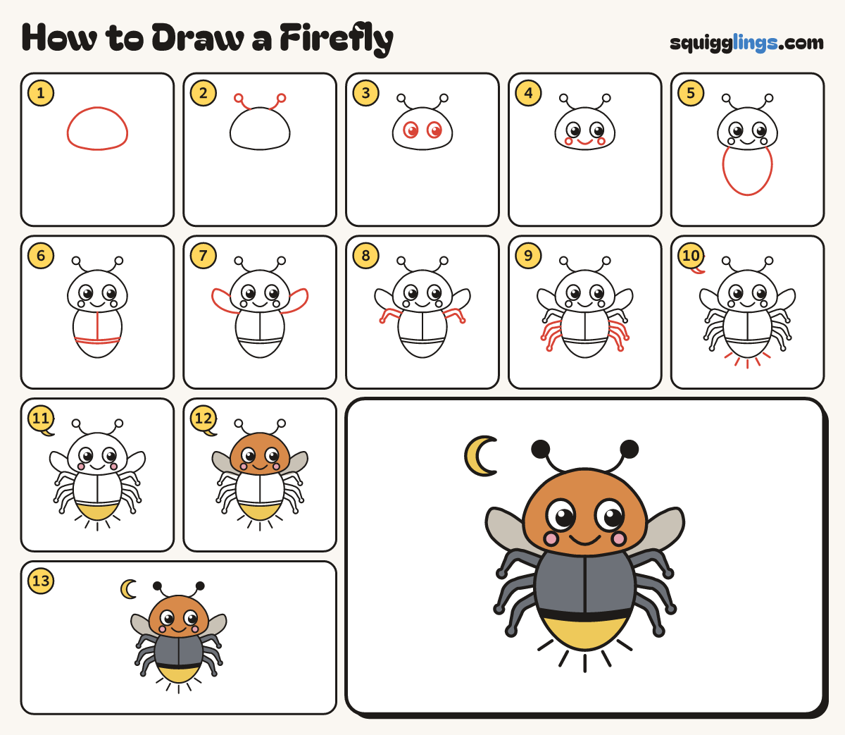 How to Draw a Firefly step by step: all 13 steps in one picture