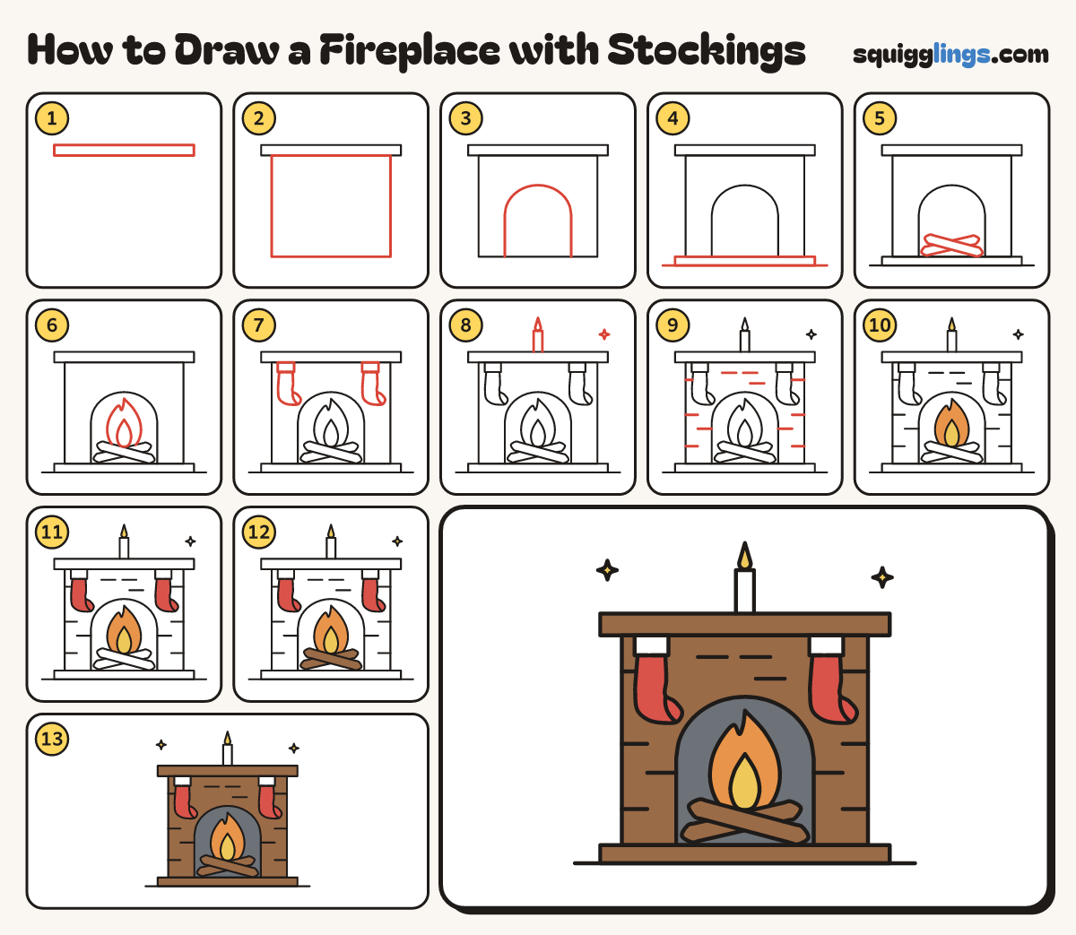 How to Draw a Fireplace with Stockings step by step: all 13 steps in one picture