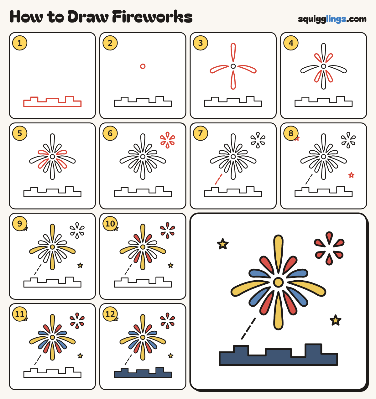 How to Draw Fireworks step by step: all 12 steps in one picture