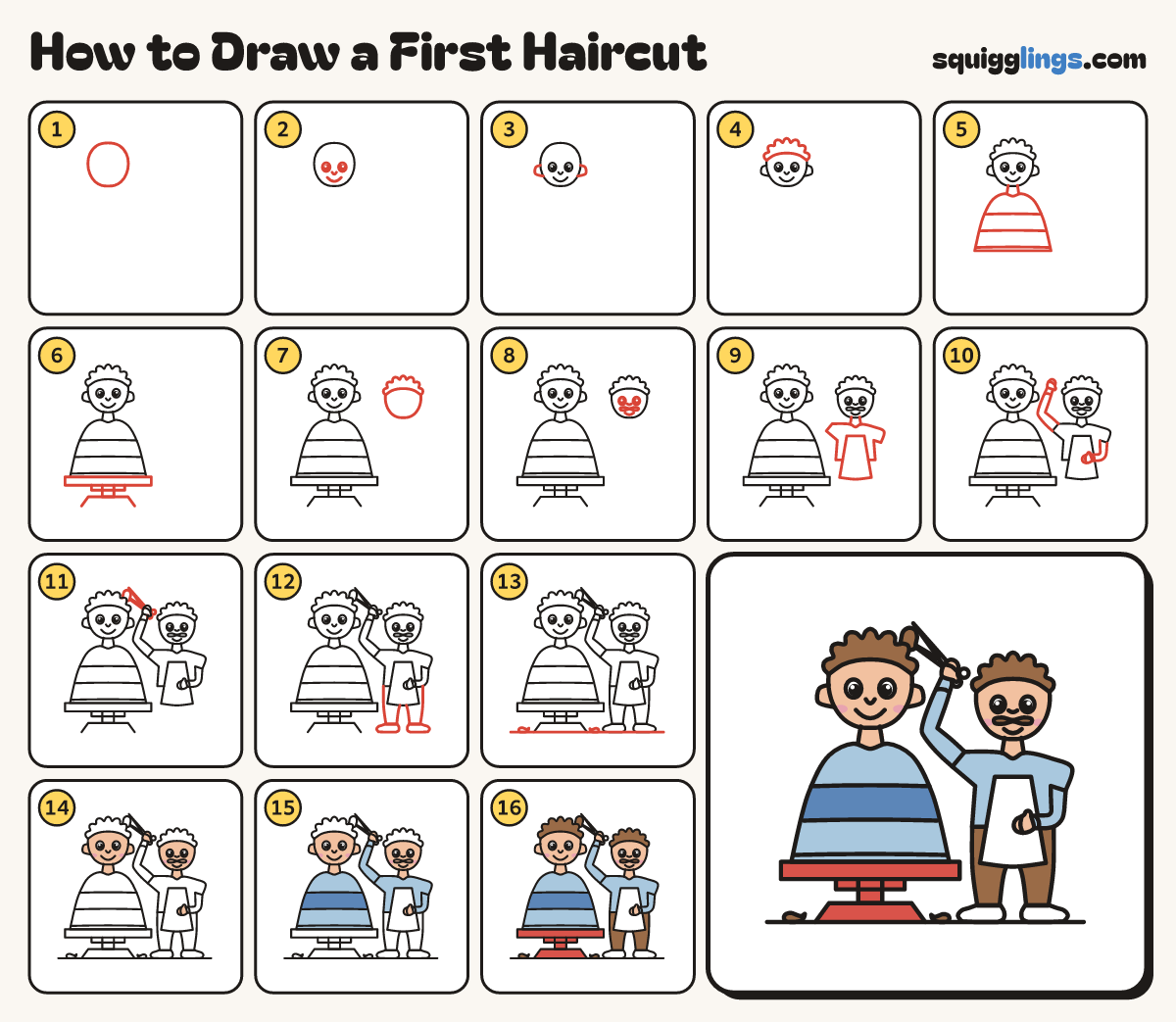 How to Draw a First Haircut step by step: all 16 steps in one picture