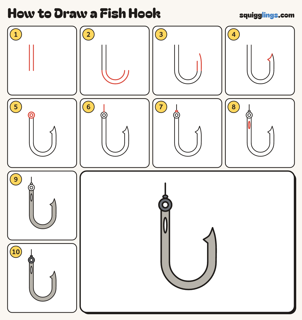 How to Draw a Fish Hook step by step: all 10 steps in one picture