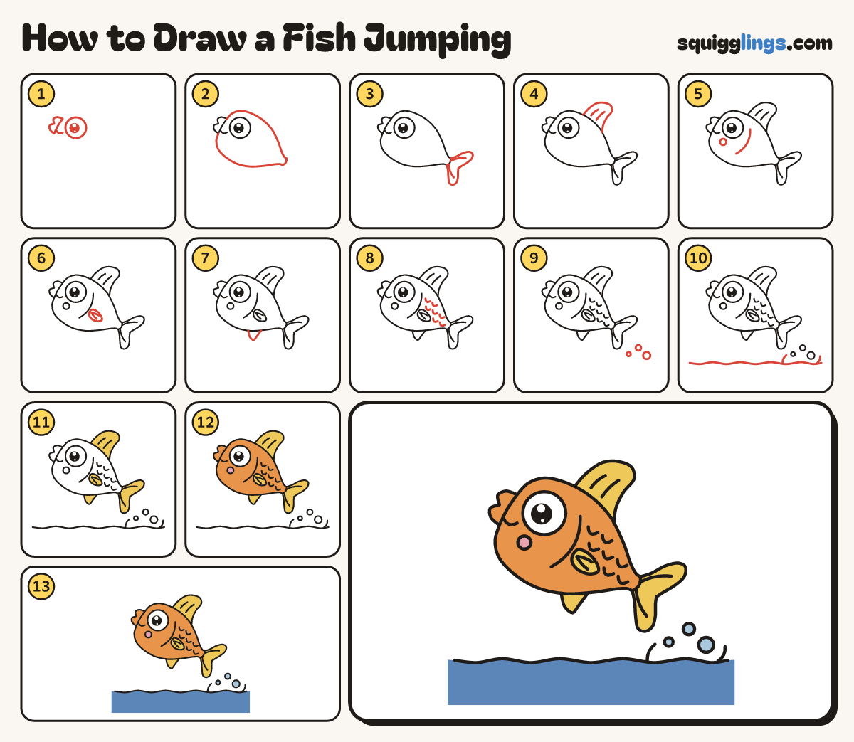 How to Draw a Fish Jumping step by step: all 13 steps in one picture